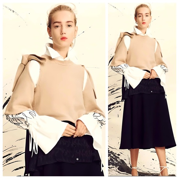 NWOT ADEAM From the Runway Japanese Cutout Tied Shoulder Sweater in Tan size S - Picture 2 of 13